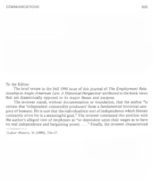 Letter on Review of The Employment Relationship in Anglo-American Law: A Historical Perspective